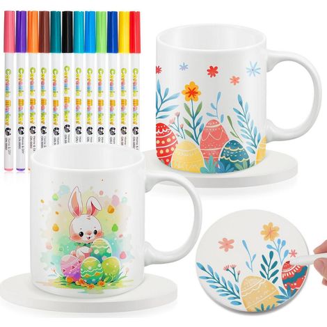 Keramik Tassen Bemalen Set mit 12 Porzellanstiften für Erwachsene, DIY Kaffeebecher Geschenk (1/4)