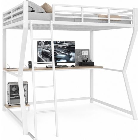 Cama alta 140x200 cm con luz LED ambiental, escritorio, balda para torre, enchufe y USB, barandilla y escalera, estructura de metal y MDF, blanco, sin colchón CHICFURN (1/5)