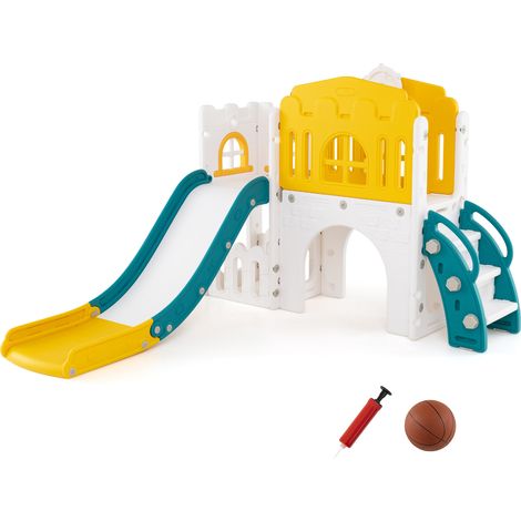 Toboggan 9 en 1 pour Tout-petits, Toboggan en Forme de L et Ensemble d'Escalade avec Panier de Basket, Télescope, Volant, Allée, Jaune + Vert (1/5)