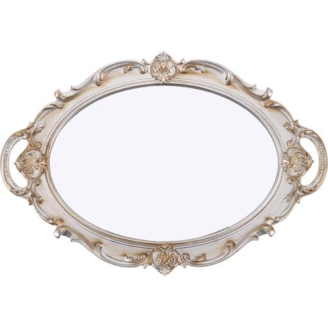 Petit Miroir de Maquillage Vintage Argenté Ovale sur Pied Miroir de Bureau pour Chambre Décoration Baroque Rétro Compact pour Maquillage Quotidien et Soins Professionnels (1/5)
