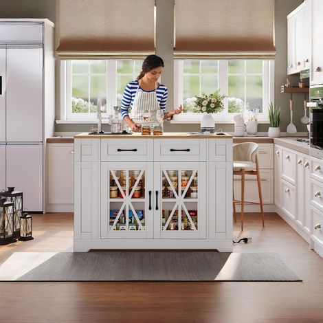 Îlot de cuisine sur roulettes avec table pliable, desserte de cuisine 120x40(65)x92cm avec prises secteur et USB, rangement et étagère réglable, Blanc (1/5)