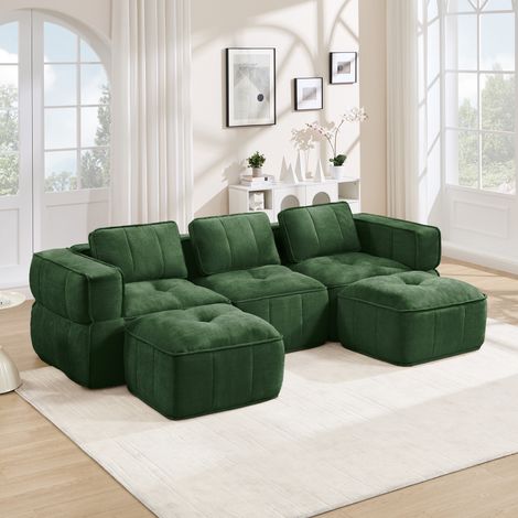 Canapé d'angle en U 3 places avec 2 poufs, sans structure, mousse résiliente 32D, assise spacieuse, revêtement textile doux, parfait pour séjour, prêt à l'emploi, écoresponsable. (1/5)