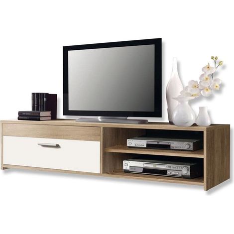 TV-Möbel PILVI - Zeitgenössischer Stil - Melaminpartikel - Eichen- und Weiße Dekor - 1 Klappe + 2 Nischen - B 120 x T 42 x H 32 cm (1/2)