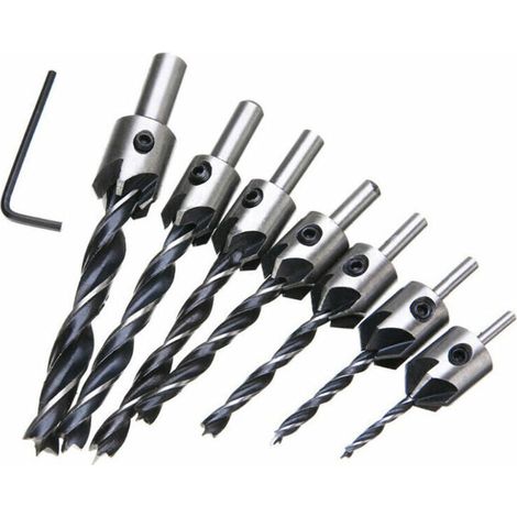 Fraise Bois Mèche à Bois 5 Flûte Foret Conique Set en HSS Acier à Haute Vitesse à Bois Aésoir Chanfreinage Outil 3 4 5 6 7 8 10mm Avec Clé Hexagonaleb 7pcs (1/4)