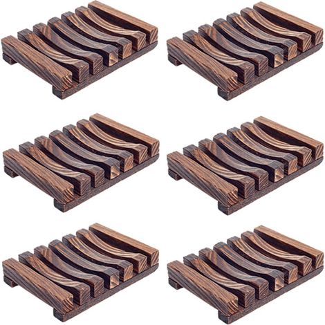 Ensemble de 6 porte-savons en bois - Porte-savons à drainage automatique - Plateau à savon à drainage naturel - Convient pour la salle de bain, la cuisine, etc. - Couleur brûlée (1/5)