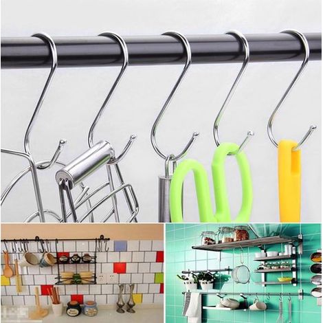 10 ganchos en S de acero inoxidable, barra horizontal multifuncional gruesa, gancho en S para cocina, baño, dormitorio, puerta trasera. (1/3)