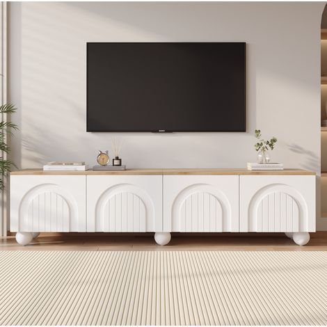 Mueble para TV de MDF blanco y roble 180,0x40,0x45,0 cm con 4 puertas, 6 patas metálicas y almacenaje para TV hasta 80" (1/5)