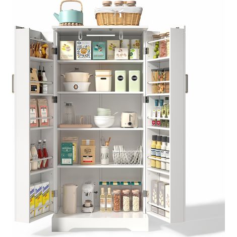 Desserte de cuisine, avec éclairage LED à capteur, étagères réglables en hauteur, double porte avec compartiments de rangement, dispositif anti-basculement, design, 60x35x128 cm, Blanc