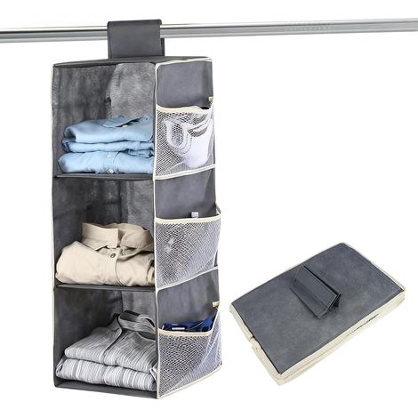 Organizzatore per armadio grigio sospeso, con 3 scomparti e tasche laterali, ripiano per guardaroba, per camera da letto (1/5)
