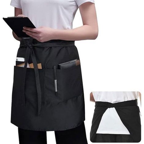 Tablier noir imperméable à 3 poches, 50 cm de long, idéal pour serveur, serveuse ou bistro. Coupe mi (1/4)