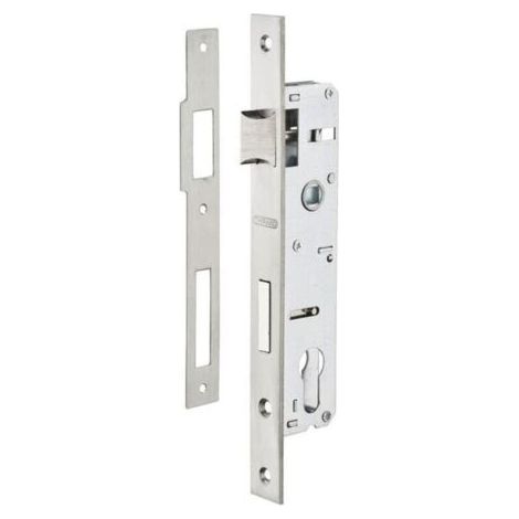 Boitier de serrure encastrable à cylindre pour menuiserie métallique, axe 25mm, bouts carrés, zingué- (1/2)