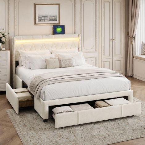 Lit double 160x200 cm avec 4 tiroirs, Lit adulte avec LED RBG et ports de charge USB Type-C, Tête de lit capitonnée losanges à rivets, Beige (1/5)