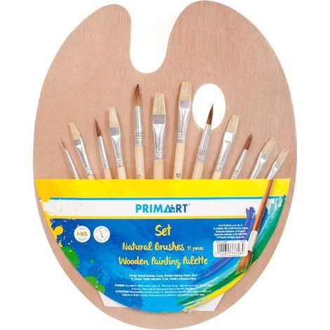 Juego de 12 pinceles naturales + paleta de madera de 30 cm