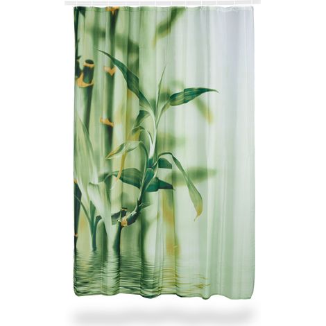 Relaxdays Duschvorhang Bambus Design, Polyester, Textil, waschbar, Pflanze, Stoff, 200 x 180 cm, Wannenvorhang, grün