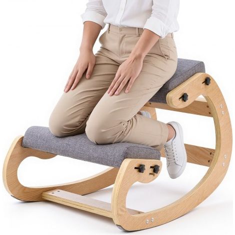 Silla Ergonómica de Rodillas con Estructura de Madera, Cojines de Espuma Gruesa Ajustables Grises, Taburete para Rodillas Carga de 120 kg, Relajación de Cuello y Espalda para Hogar, Oficina (1/5)