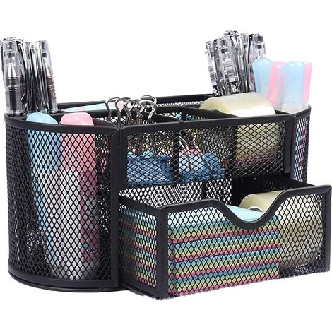 Organiseur de bureau en métal grillagé avec tiroir et porte-stylos pour stylos, notes adhésives, pinces à reliure et agrafeuses