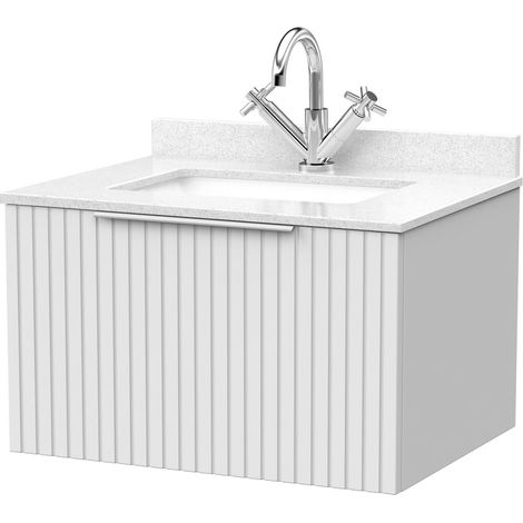Callingwood Contemporary Wall Hung 1 Drawer Vanity Unit with Marble Worktop with Basin , 600mm, Matt White