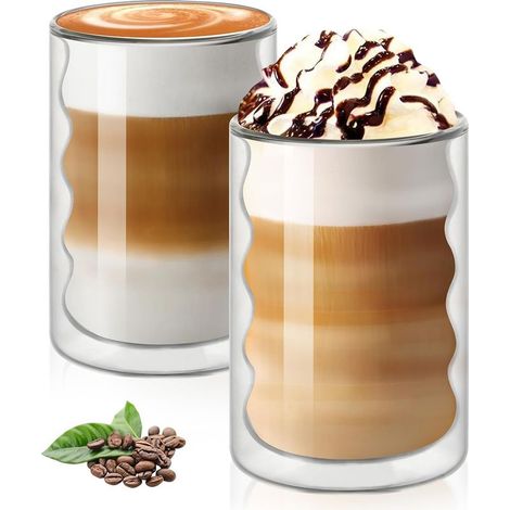 Tasse à Café Double Paroi, 2PCS 375ml Tasses en Verre à Double Paroi, Tasse à Café en Verre Fileté, Tasse à Café Isotherme, Verres à Expresso pour Latte, Cappuccino, Lait, Thé, Bière (1/5)