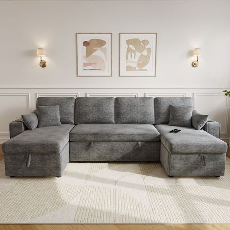 Canapé d’angle U convertible 4 places 270x125x86 cm, avec couchage, rangements, USB/Type-C et tablettes, tissu chenille, Gris (1/5)