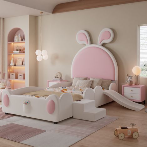 Cama infantil tapizada con tobogán y escalera rosa OKMYHOME (1/5)