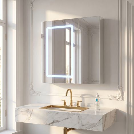 Miroir Meuble Salle de Bain, 2 portes miroirs et Étagères réglables, Miroir mural armoire de rangement design moderne