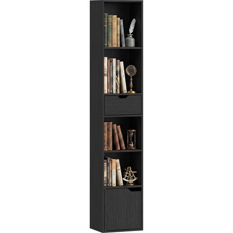 Bibliothèque, étagère à livres, meuble de rangement avec tiroir placard compartiments ouvertes, 30 x 24 x 158 cm, noir (1/5)