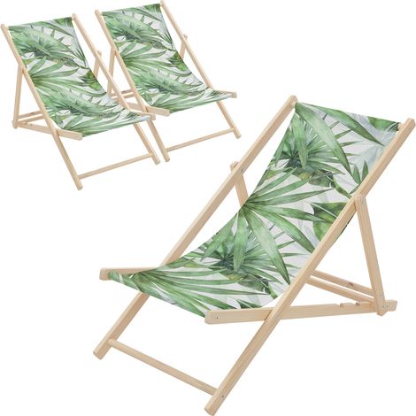 ECD Germany 3x Sedia a Sdraio Pieghevole in Legno con Tessuto Traspirante Palma Verde-Bianco, Schienale Reclinabile in 3 Posizioni, Lettino Relax con Portata 120 kg per Spiaggia, Giardino e Terrazza