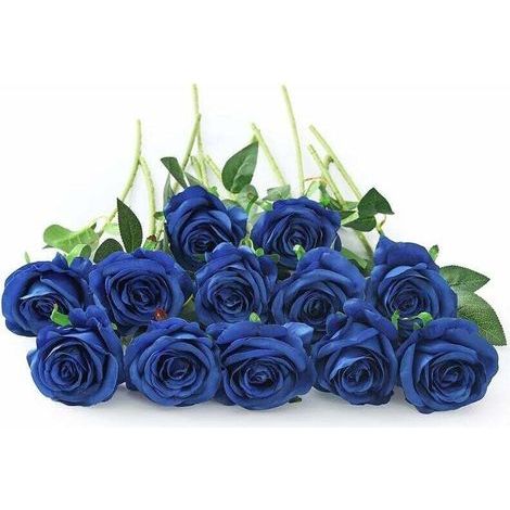 Lot de 10 roses artificielles en soie pour décoration d'intérieur Bleu
