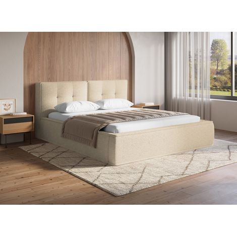 Lit double en tissu bouclette beige 180x200cm yuna (1/5)