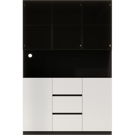 Vitrine en verre trempé avec éclairage LED réglable 120×40×200 cm, 3 tiroirs et 2 portes, blanc et noir (1/5)