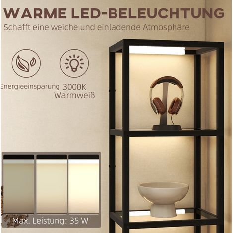 Lampadaire LED avec 4 étagères en verre, cadre MDF noir, variateur à pédale (1/5)