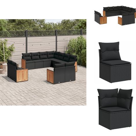11-tlg. Garten-Sofagarnitur mit Kissen Schwarz Poly Rattan - Gartensortiment - Esszimmergarnituren - Lounge Set - Outdoor Furniture - Gartenlounge (1/5)