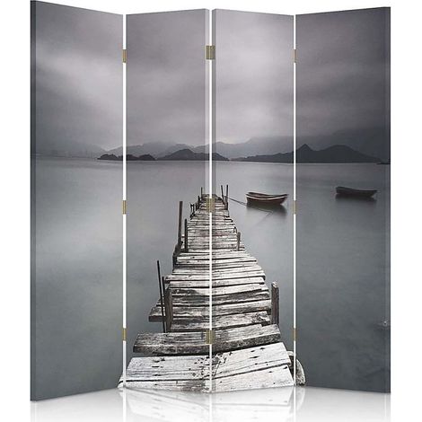 Paravent Déco 4 Panneaux Design Ponton et Mer Paisible - 145 x 150 cm - 2 faces R° V° (1/5)