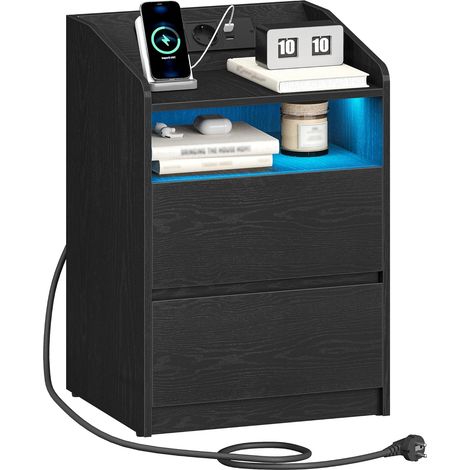 Table de Chevet, Tables d’Appoint, 2 Port USB-A, 2 Port USB-C, Table de Nuit avec 2 Tiroirs, Éclairage LED, Compartiment Ouvert, Chambre, Salon, Noir (1/5)