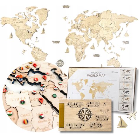 Carte du monde murale en bois 3D, grand format 130 x 72 cm, avec 222 accessoires (1/5)