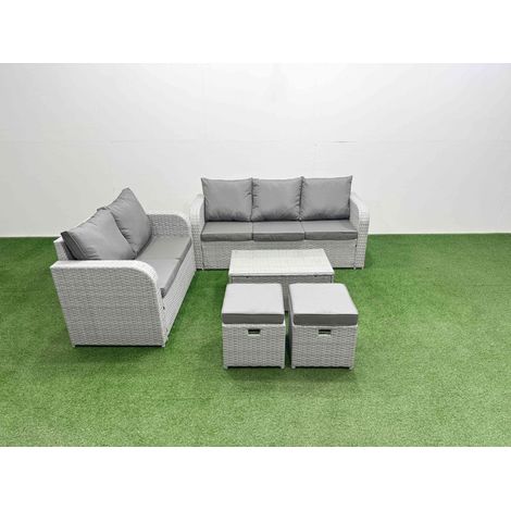 Fimous 7 Seater PE Rattan Wicker Garden Furniture Patio Conservatory Sofa Set with Rectangular Coffee Table 3 Seater Sofa Love Sofa 2 Stools (1/4)