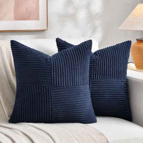 Lot de 2 housses de coussin boho 55x55 cm bleu marine, motif entrecroise en velours cotele, decor canape chambre (1/5)
