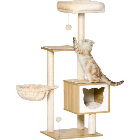 Tiragraffi per Gatti con 2 Pali Casetta e Lettini 48x40x126 cm in Legno Peluche e Sisal Beige (1/5)