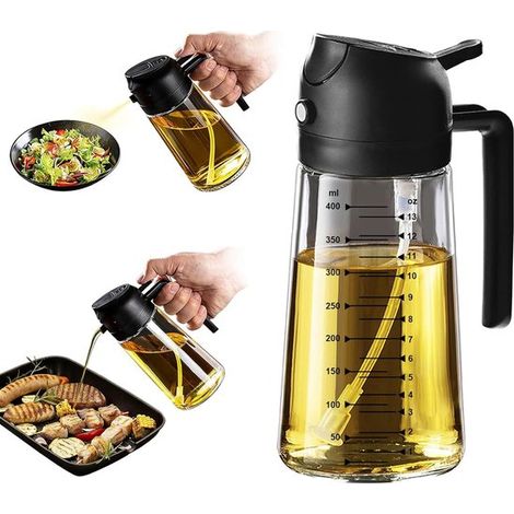 Distributeur d'huile d'olive 2 en 1 - distributeur d'huile d'olive, vaporisateur d'huile, flacon d'huile - 471 ml - Verseur d'huile - Gradué - Pour la cuisine - Plastique - Noir transparent (1/5)
