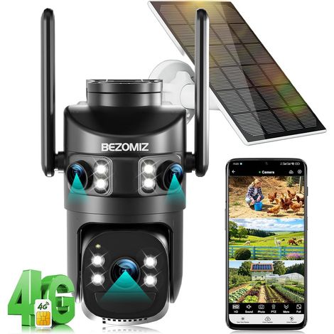 4G caméras de Surveillance Solaire avec Carte Sim,AOV 24/7,à triple objectif,4K Détection Humaine,360° PTZ Caméra Extérieure,Suivi Automatique,Audio Bidirectionnel,IP66,Vision Nocturne Couleur (1/5)