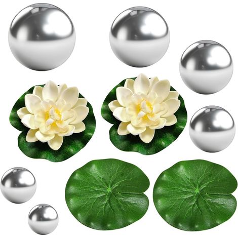 Ensemble de 10 pièces pour décoration de bassin, boules miroir en acier inoxydable, ensemble complet pour mini bassin, boules flottantes pour mini bassin, feuilles de lotus décoratives Eva