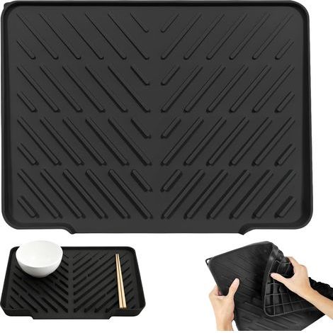 Tapis d\'égouttement en silicone - Protection de plan de travail anti-fuite - Tapis antidérapant et résistant à la chaleur - Pliable - Avec structure rainurée - 40 x 31 cm - Noir (1/5)