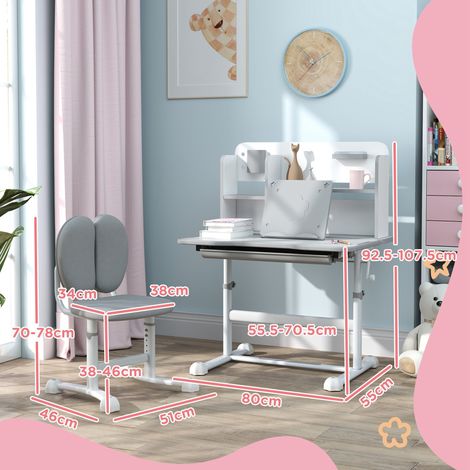 Conjunto de escritorio y silla infantil regulable en altura para niños de 3 a 12 años, escritorio escolar con tablero inclinable a 45°, cajón, estante, portalápices y soporte para libros, fabricado en