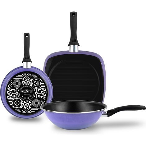Magefesa Very Peri Set Sarten 24 cm Wok y Grill Inducción 28 cm, Antiadherente Libre PFOA, Mango Ergonómico  Morado (1/5)