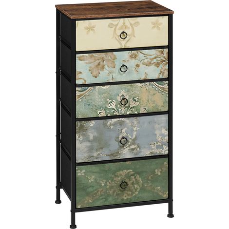 WOLTU 5 Drawer Chest of Drawers Bedroom Storage Furniture, Rustic Brown and Black with Retro Flower Pattern (1/5)