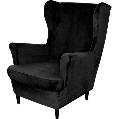 2-teilige Stretch-Ohrensesselbezüge, weiche Samt-Ohrensesselbezüge mit elastischem Saum für Schlafzimmer, Wohnzimmer, Plüschsessel, Sofa,Schwarz (1/5)