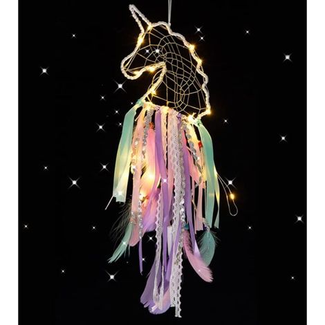 Attrape-rêves licorne LED attrape-rêves fait à la main attrape-rêves en plumes colorées avec lumières cadeaux pour filles décorations murales, ornements artisanat et accessoires de chambre à coucher-v (1/5)