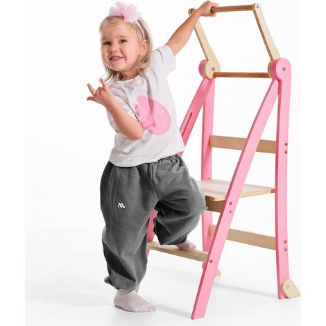 Holz Lernleiter Montessori platzsparend: Klappbare Lernleiter, Hocker für Kinder, Faltbare Kindertreppe, Lernleiter mit Kippschutz (Pink)