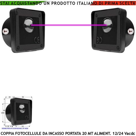 Coppia Fotocellula da Incasso Controllo Sicurezza Cancello Elettrico Automatico Portata 20 Metri Lineari Montaggio a Parete o Palina Alimentazione 12/24 Vac (1/3)