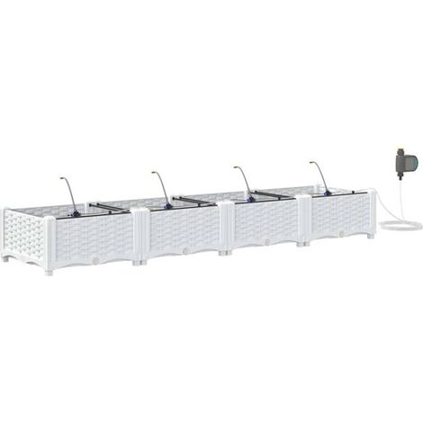 Ensemble de quatre jardinières de jardin, blanches, 160 x 40 x 22 cm, en plastique. (1/5)